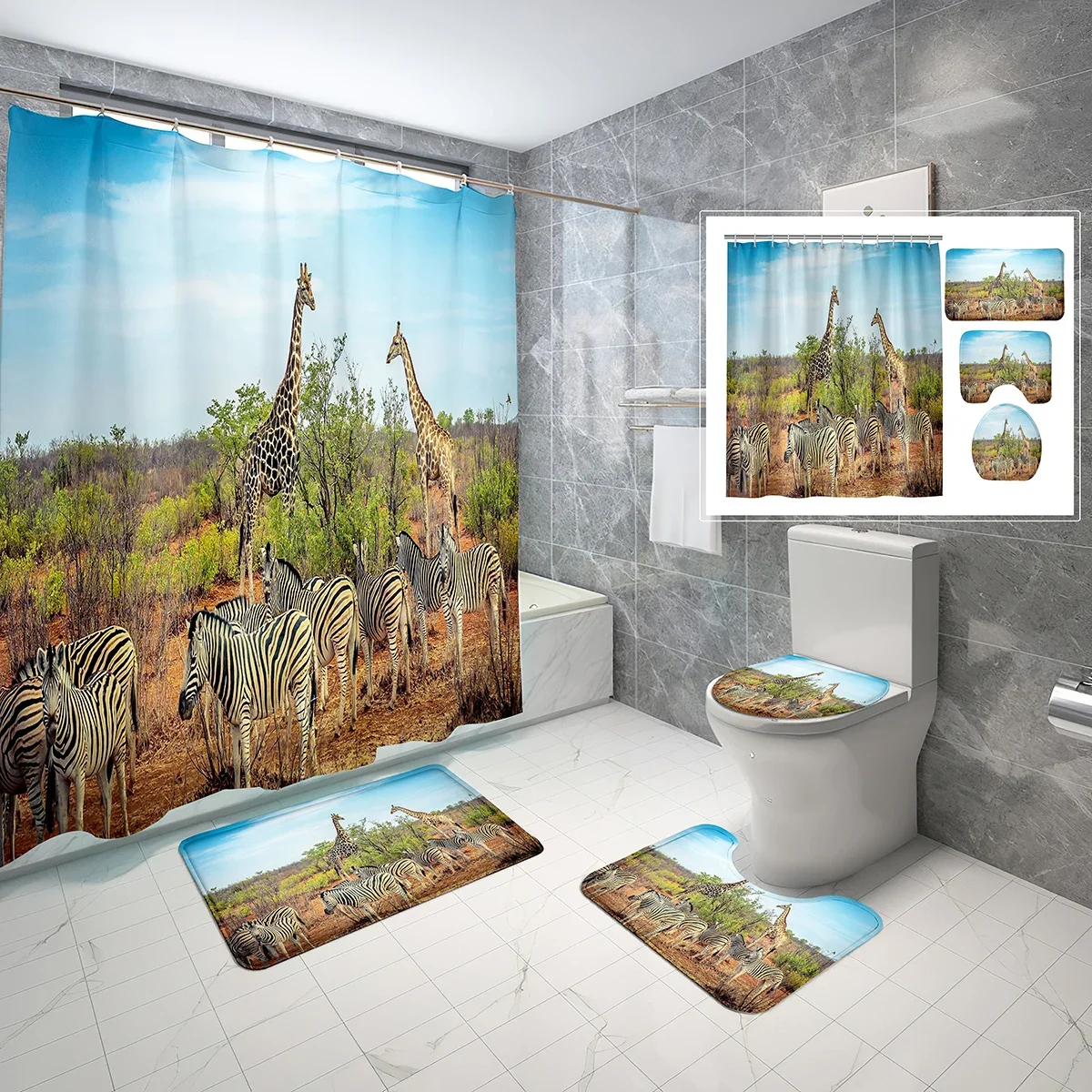 

Wild Animal Giraffe Shower Curtain 4-Piece Set with Non-Slip Bath Mat, Toilet Lid Cover, Waterproof Bath Curtain with Hooks