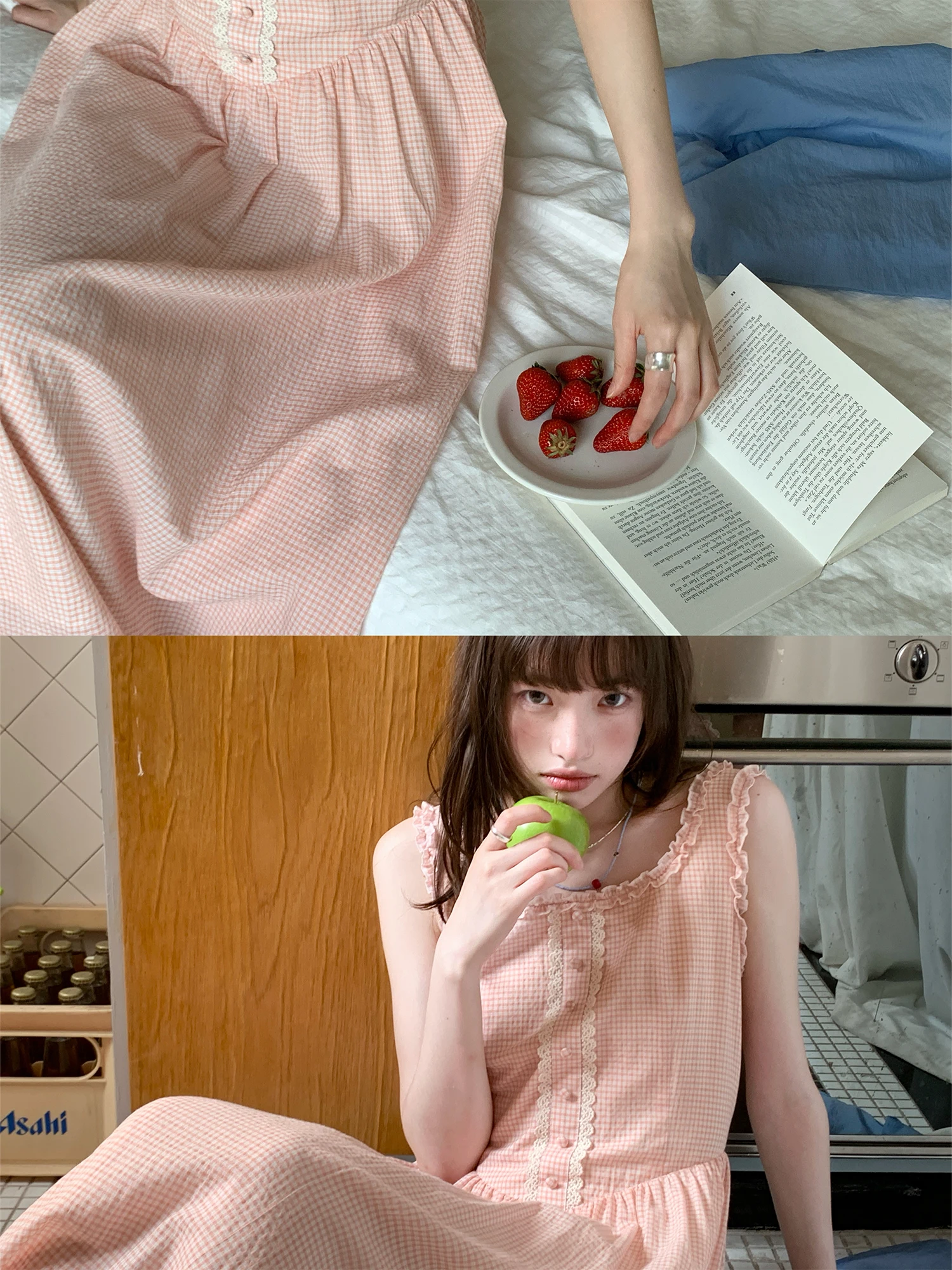 Damska luźna spódnica midi w stylu vintage z okrągłym dekoltem, w kratę, z koronkowym wykończeniem, idealna na lato, słodka, swobodna, w kształcie litery A.