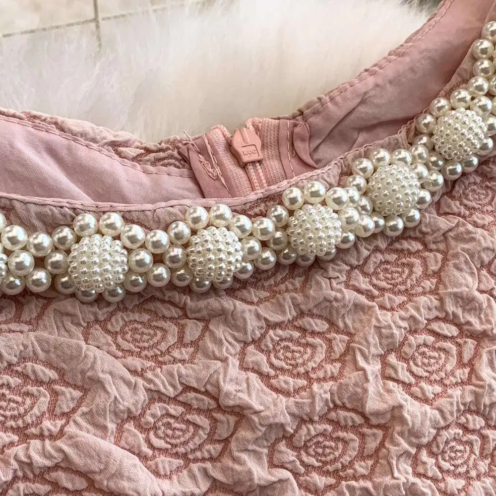 Elegant Pearl CHAIN สีชมพูชุดราตรีผู้หญิงฤดูร้อนดอกไม้ Jacquard ชุดราตรี MIDI ยาว Vestidos