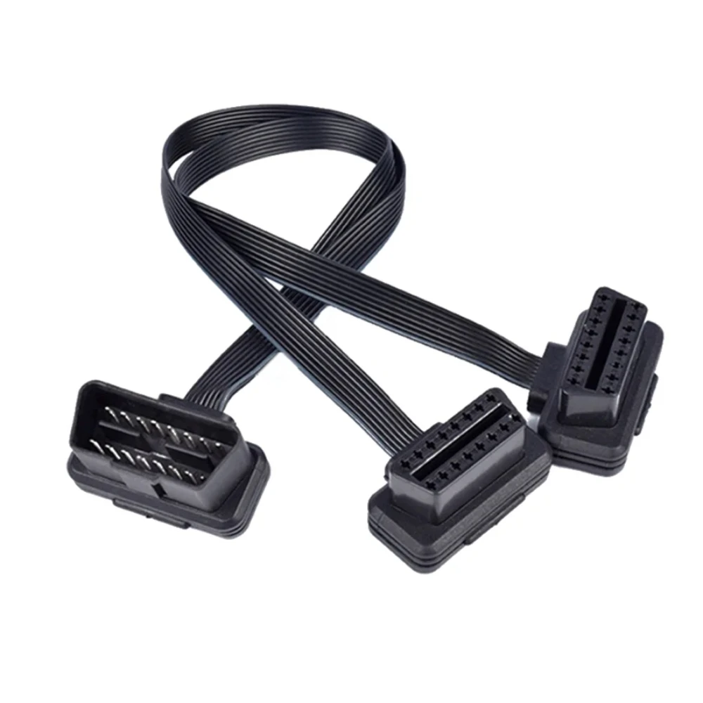 Quality OBDII Extension Connector Cable Flat+Thin 16Pin OBD 2 Extender OBD2 16 Pin ELM327 Male To Dual Female Y Splitter Elbow