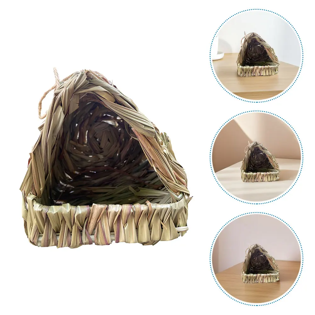 

2pcs Handmade Straw Bird Nests For Parakeets Large Opening Cockatiel Huts With Breeding Box Triangular Seagrass Hammock