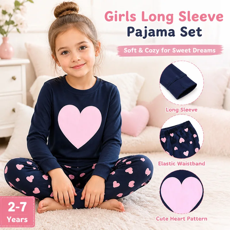 Little Hand Girls Long‑Sleeve Pajama Set Heart Print Cotton Nightwear Kids Indoor Home Clothing for 2‑7Y Toddler Valentine's Day