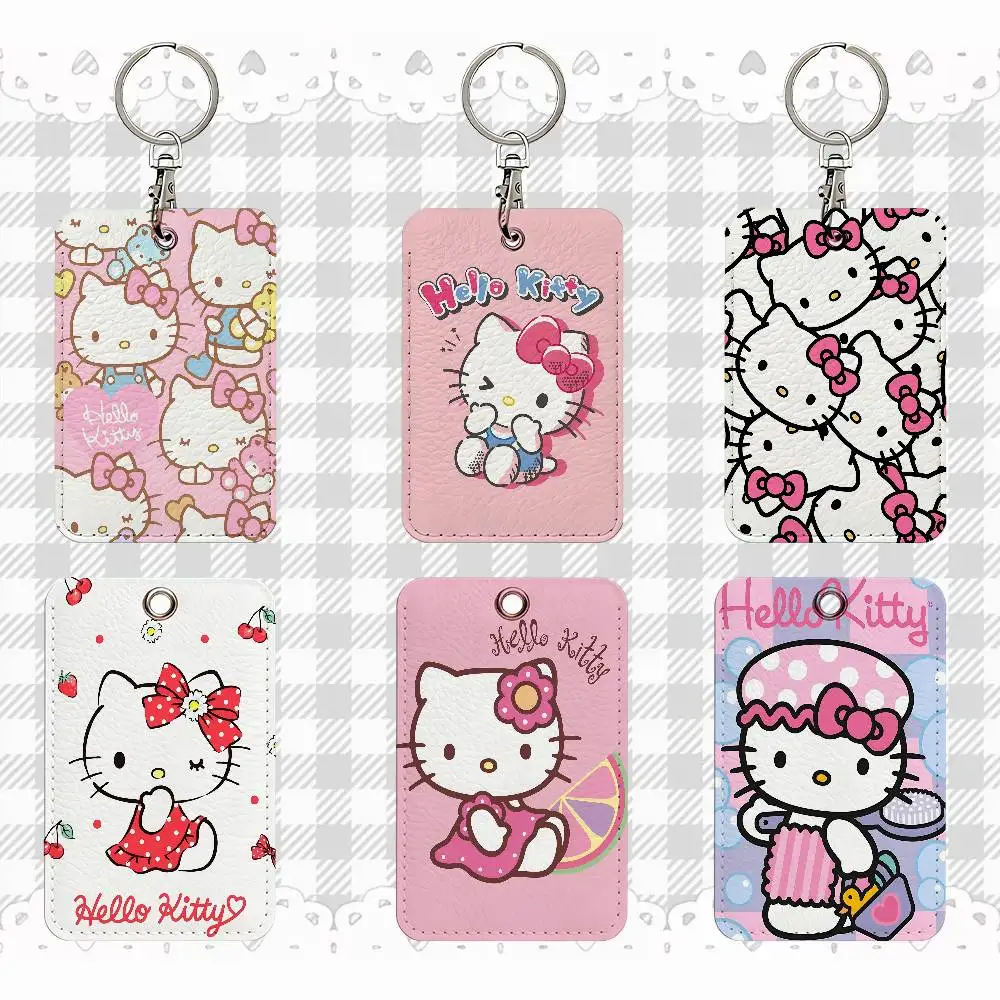 

H-Hello Cute K-Kitty Rectangle ID Card Case Keychain Access Card Bag Key Tag Ring Leather Card Holder Key Ring Access