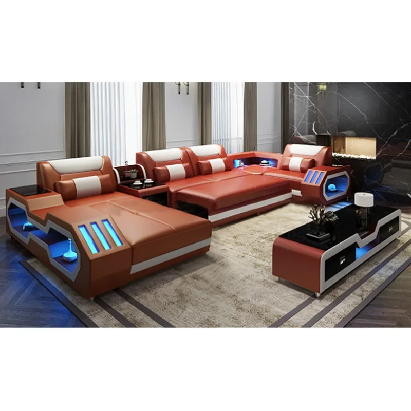 2022 High Quality Modern Luxury smart Leather Sectional Sofa Chairs Set Couch Living Room furniture Sofas With Led