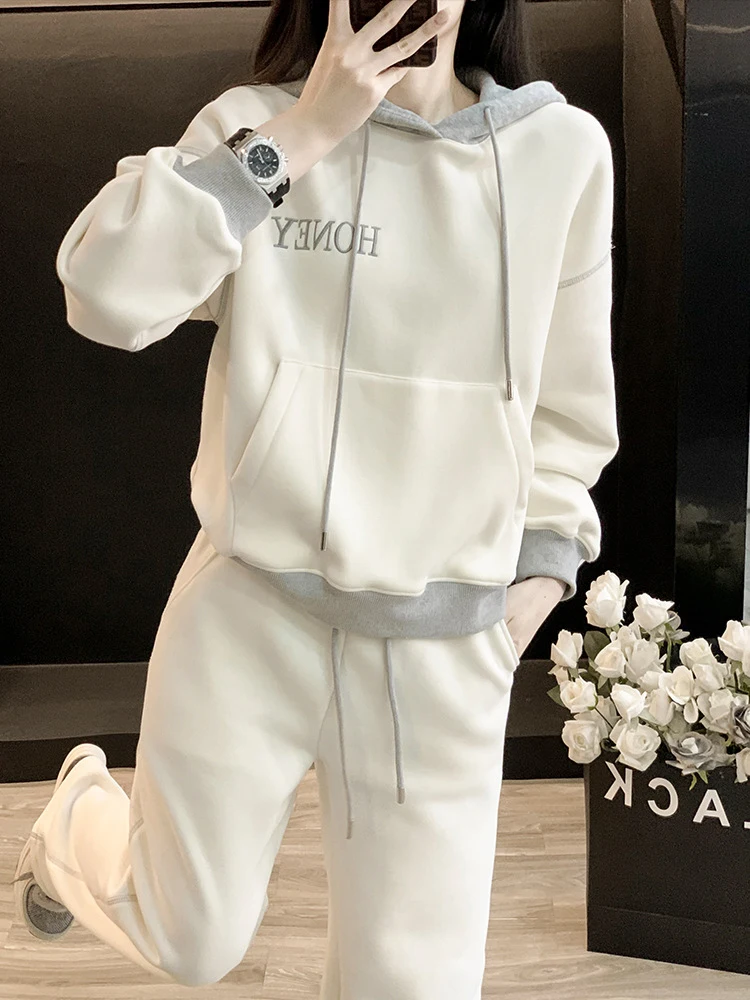 Winter Letter Embroidery Hoodie 2 Piece Sets Women Outfit Tracksuit Fashion Hooded Sweatshirts Tops+Sports Casual Pants Run Suit