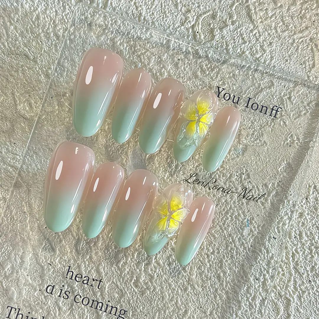 10 Uds. De uñas postizas hechas a mano, Frangipani de menta, verde claro, gradiente desnudo, puntas de uñas talladas a mano, uñas postizas desmontables y usables