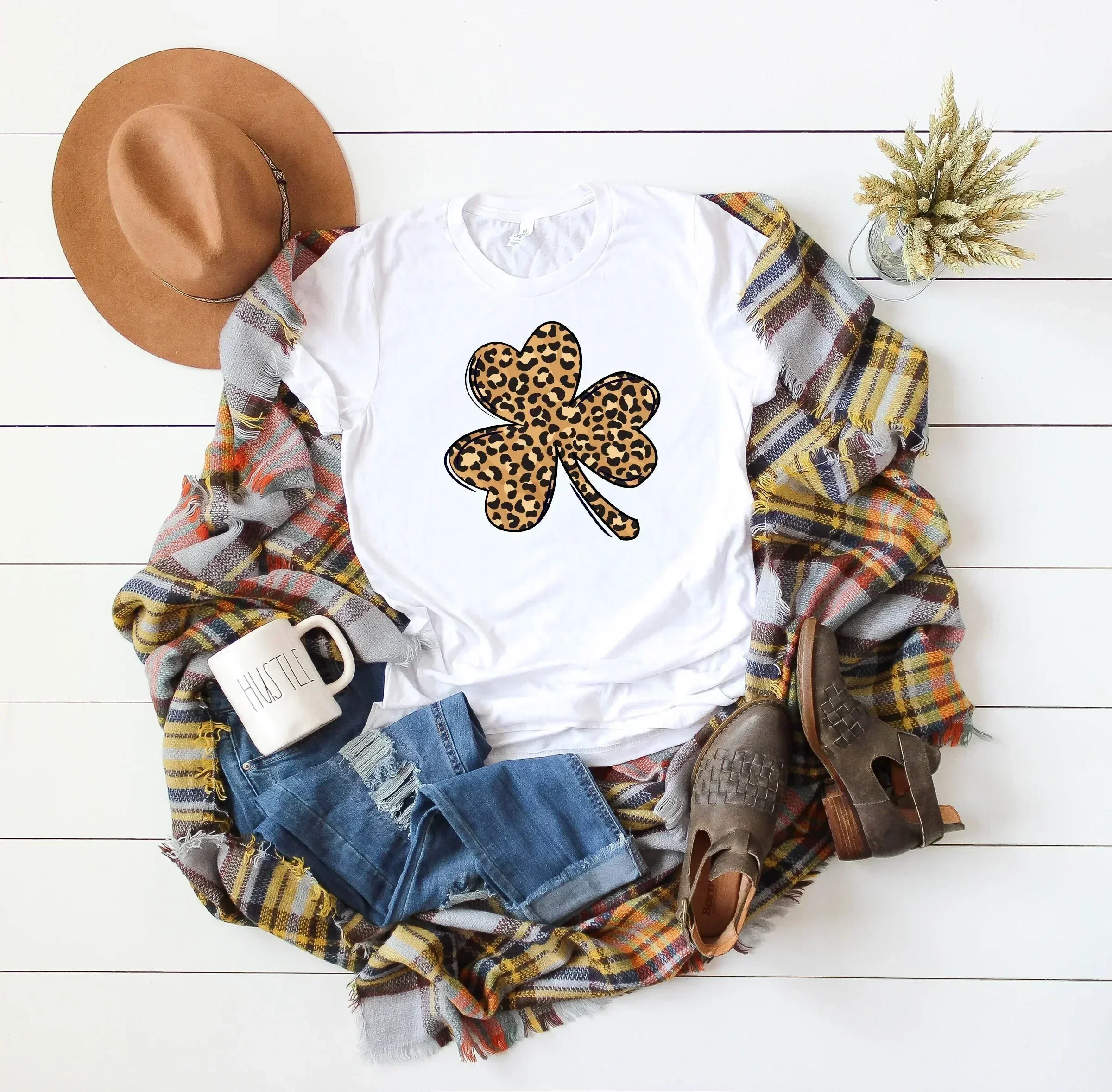 Women s Saint Pattys Day Leopard Shamrock T Shirt SweaT Irish