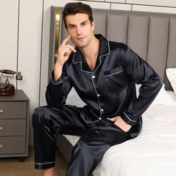 Men's Pajamas Suit Summer Ice Silk Sleepwear Sheer Thin Long-Sleeved Loose Large Size Loungewear Suit Silky Satin Nightwear