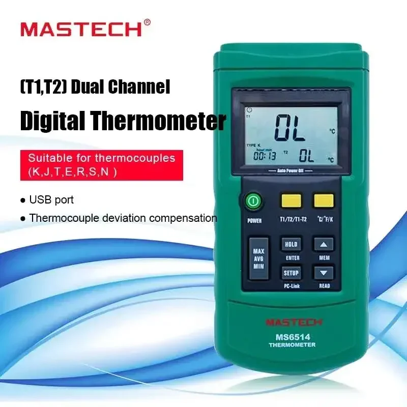 MasTech MS6514 Digital Thermometer Data Logger Dual Channel Temperature Tester USB Interface 1000 Sets Data KJTERSN Thermocouple