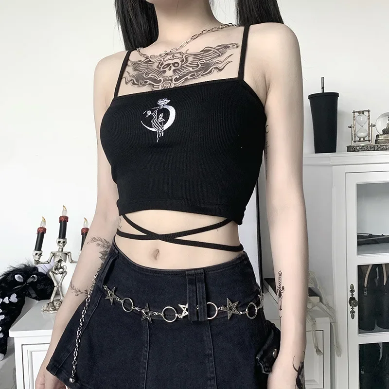 

Gothic Women's Print Suspender Sleeveless Square Neck Slim Crop Top Sexy Halter Bottoming Shirt 2024 Girls Party Wear