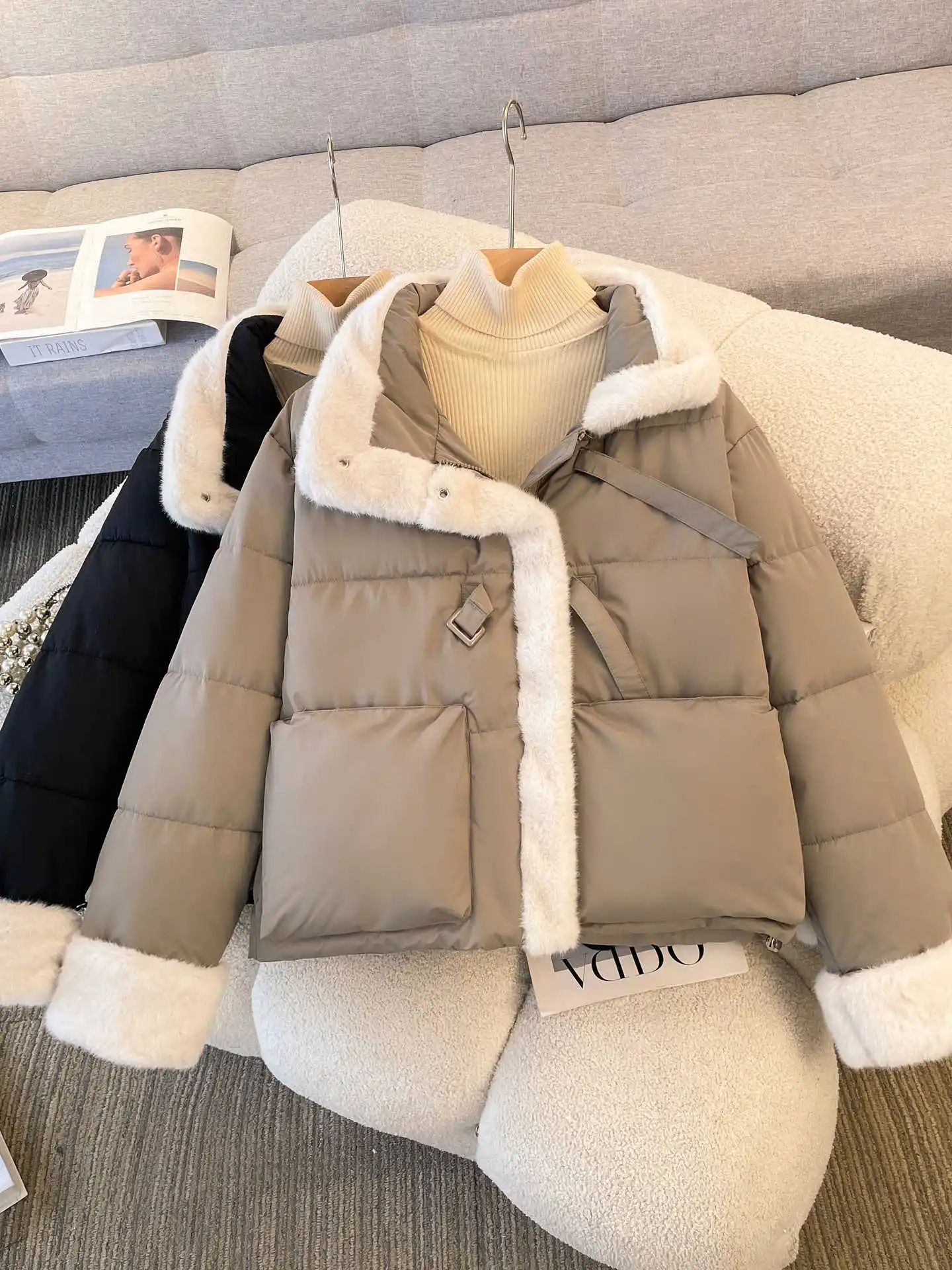 

Women's Splicing Edge Design Loose Jacket Autumn Winter Solid Color Outerwear Warm Tops Female Buckle Zipper Long Sleeves Coat