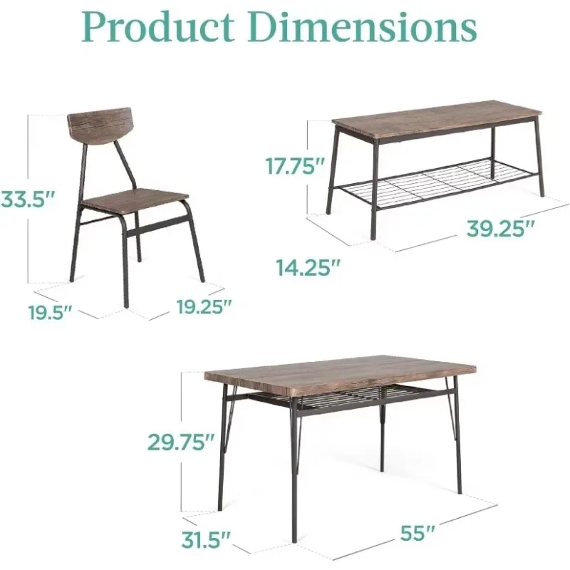 Best Choice Products 6-Piece 55in Modern Dining Set for Home, Kitchen, Dining Room w/Storage Racks, Table, Bench, 4 Chairs,Brown