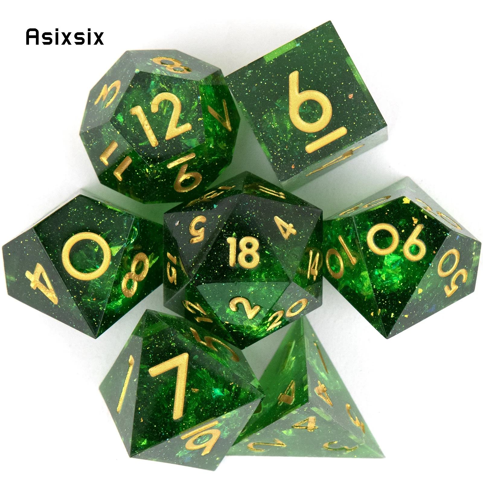 

7 Pcs Green Golden Number Sharp Edge Resin Dice Polyhedral Dice Suitable for Role-Playing RPG Board Game