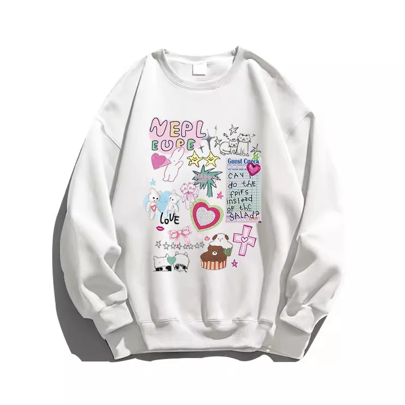 Autumn Winter New Women's Sweet Cute Cartoon Graffiti Print Gray Sweatshirt American Retro Pink Round Neck Velvet Casual Top