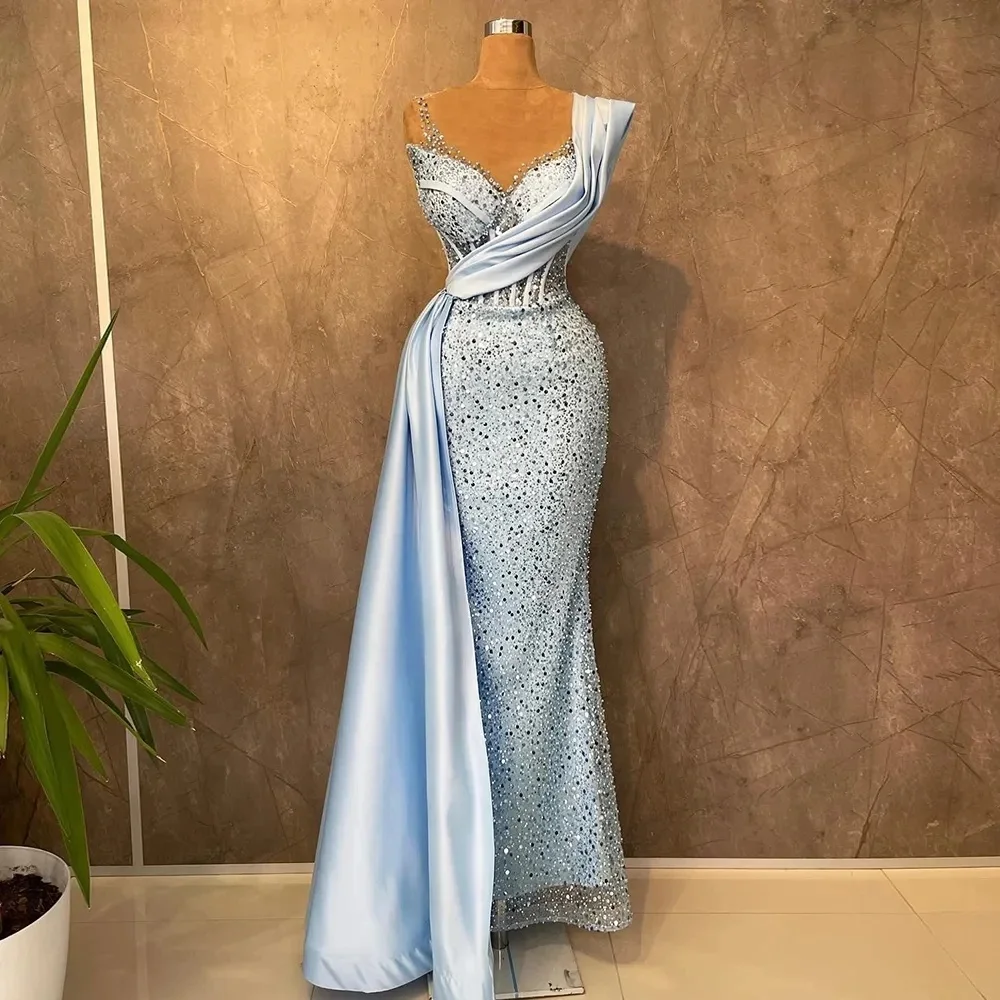 Dubai Luxury Sweetheart Neck Blue Evening Dress Formal Sparkly Sequin Mermaid Women Long Gown