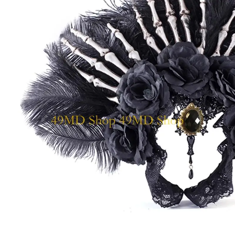 

49MD Elegant Faux Flower Headbands Durable Hair Hoops with Hand Skull Headbands for Women Halloween Party Supplies