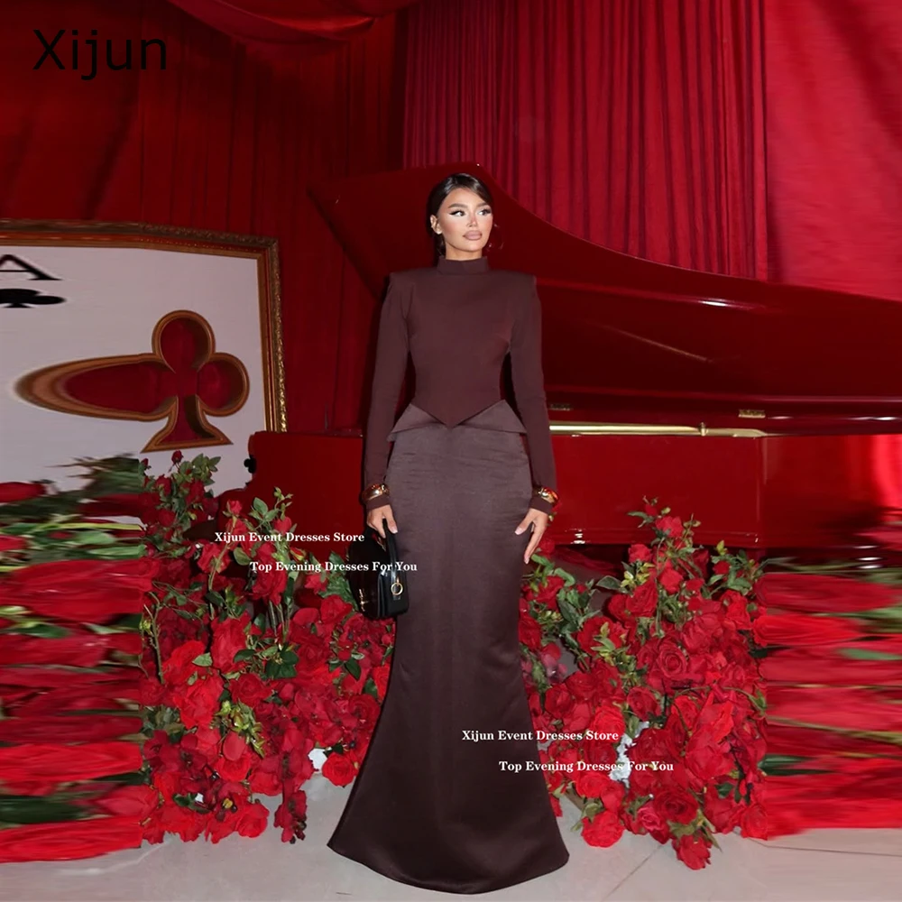 

Xijun Brown Crepe Mermaid Evening Dresses Backless Full Sleeves Formal Prom Dresses High Collar Prom Gowns 2025 Women Customized