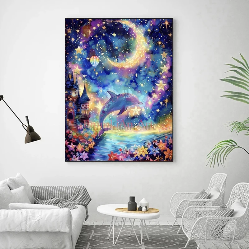 Moon 100% Fairy Dust Drill Diamond Painting Dolphin Full Crystal Diamond Mosaic Embroidery Animal Cross Stitch Kit Home Decor