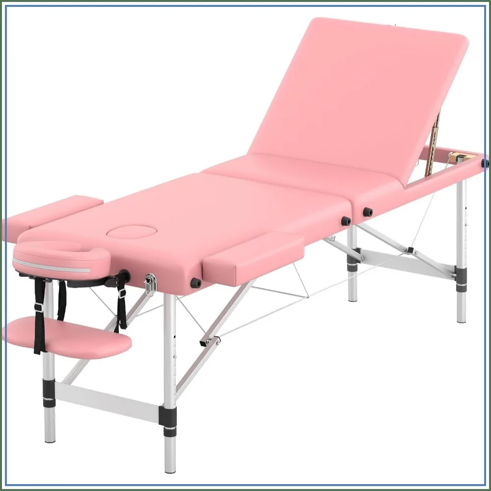 Portable 3-Section Foldable Massage Table, Aluminum Lash Bed for Beauty Salon, Pink