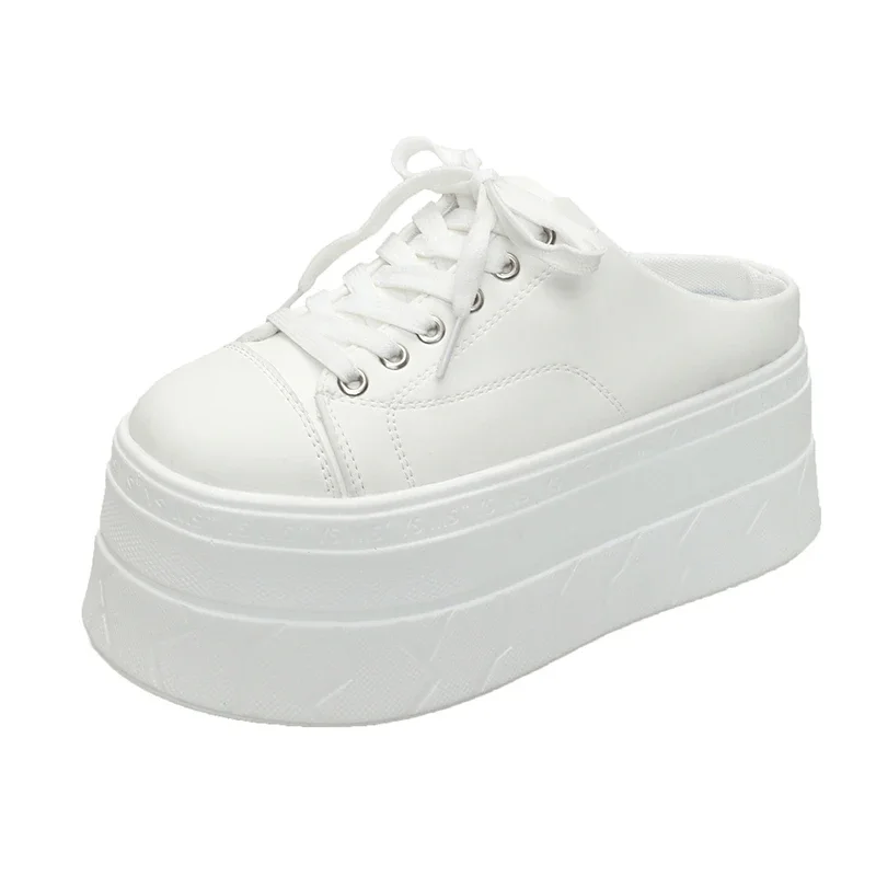 

7.5CM Half Slippers Spring Summer Women's Casual Shoes Platform Ladies Slippers Lace Up Elevator Shoe Low Top Female Footwear