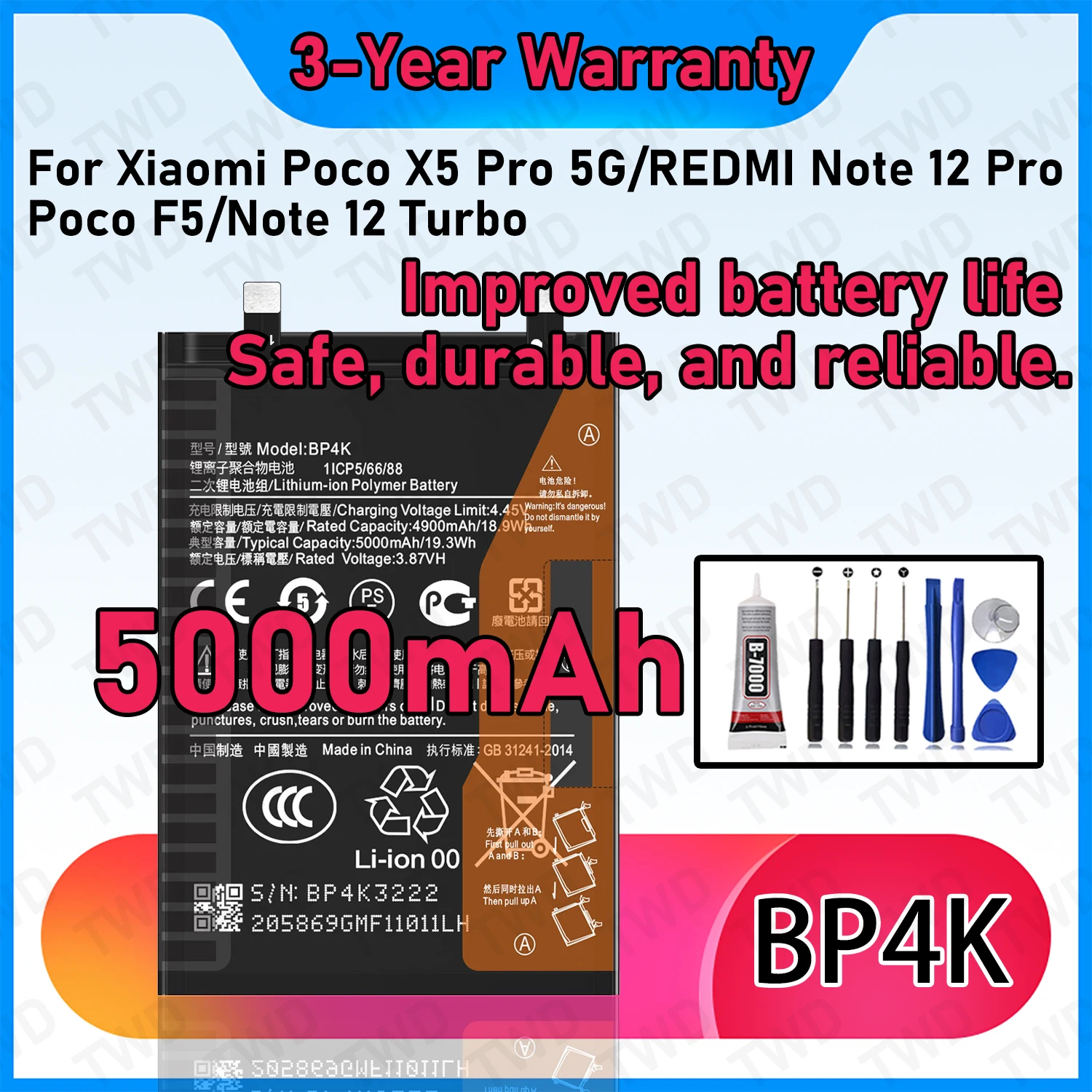 

BP4K Large capacity 5000mAh Battery For Xiaomi Poco X5 Pro 5G/REDMl Note 12 Pro Poco F5/Note 12 Turbo Batteries New High Quanlit
