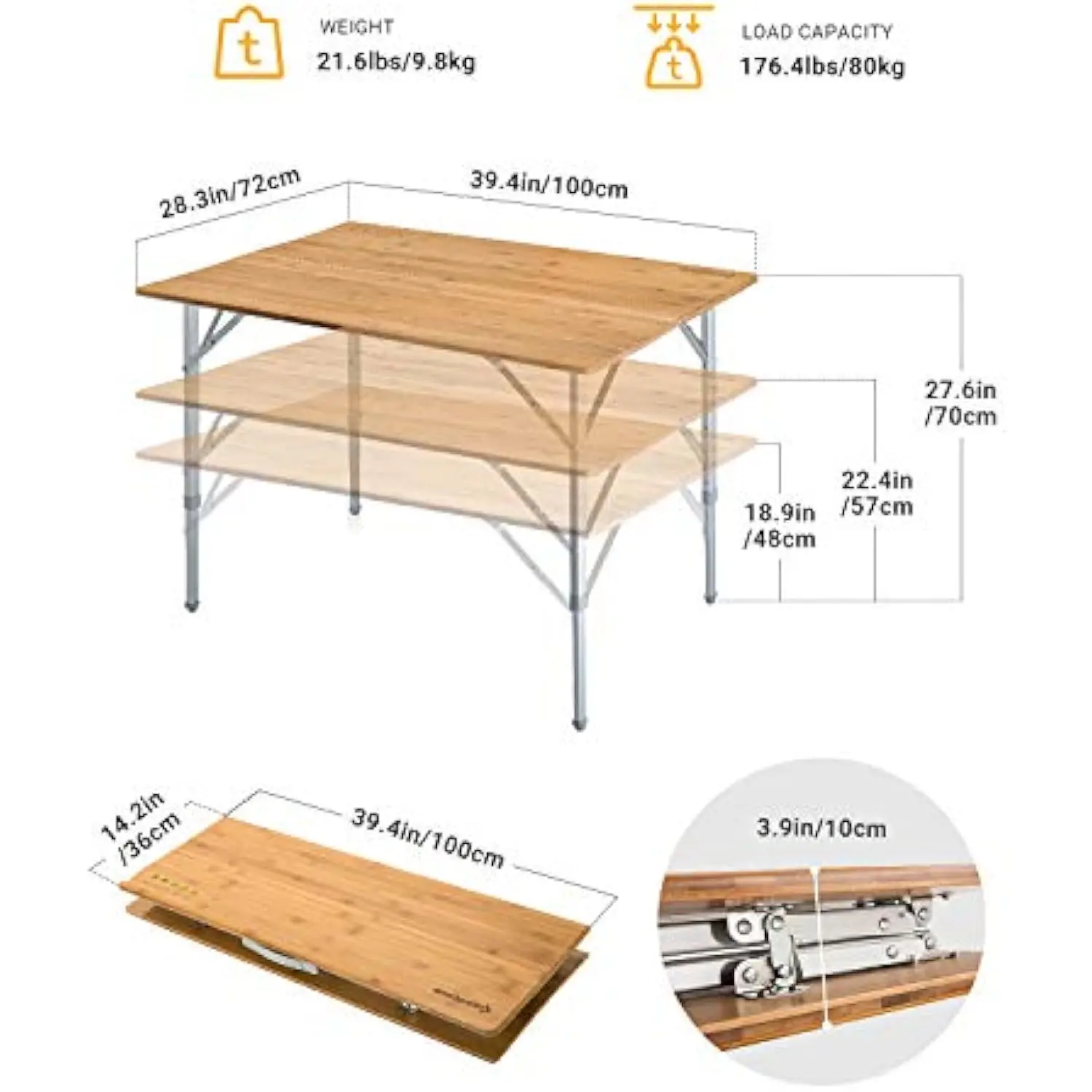 KC3928_Table de acampamento de bambu amarelo, tamanho único