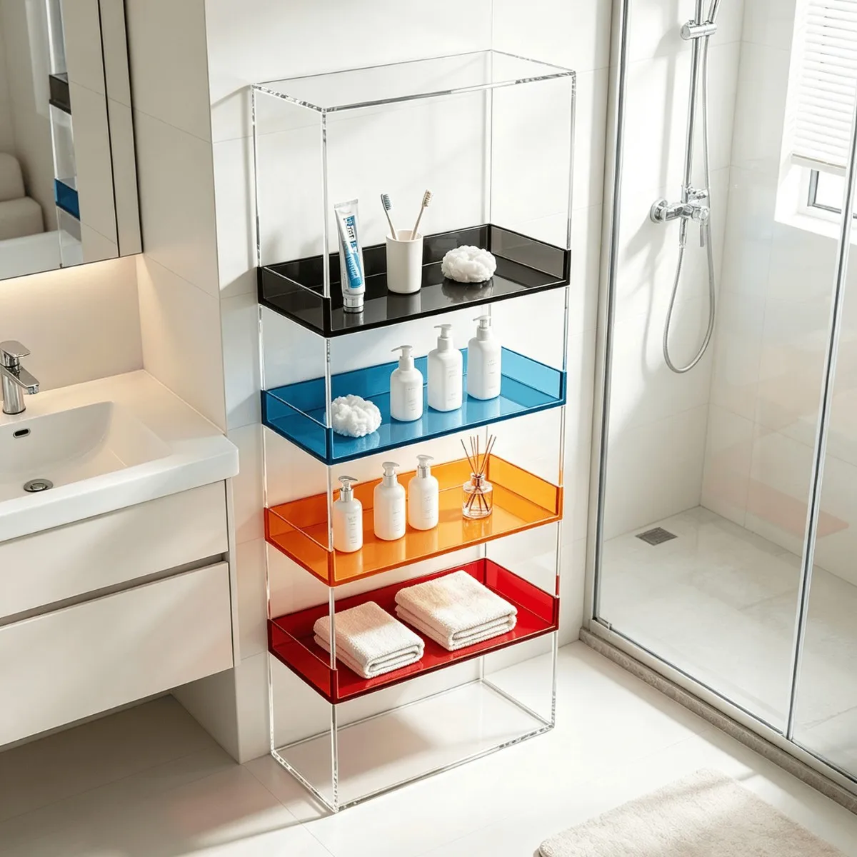 Bathroom dopamine color rack Floor-to-ceiling multi-layer transparent storage cabinet Durable finishing Skin care product