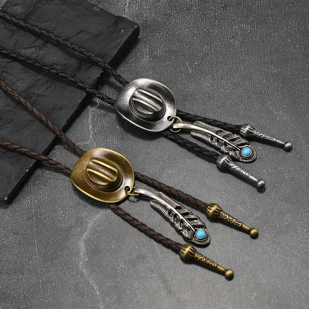 Retro Alloy Hat Bolo Tie for Men Women Leather Rope Long Necklace Cowboy Style Sweater Chain Bow Tie Accessories Jewelry Gifts