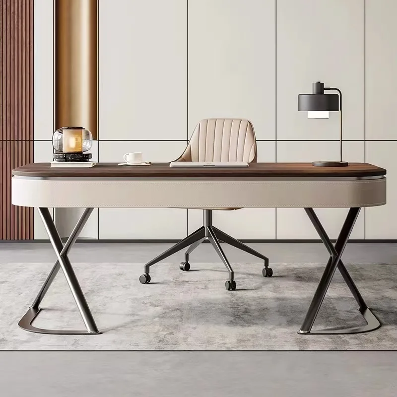 Bureau en bois massif haut de gamme, bureau de salon moderne et minimaliste, selle en placage de noyer, bureau d'étude en cuir pour ordinateur