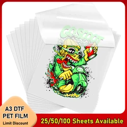 A3 DTF Transfer Film Paper, Adequado para Impressão por Transferência Direta, Tinta DTF, Filme PET, Impressão e Transferência A3, 25, 50, 100 Folhas