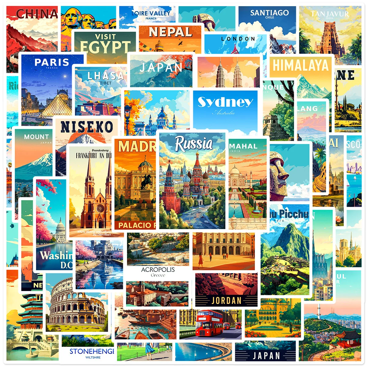 

50-Pack World Landmarks Poster Graffiti Stickers for Phone Case Luggage Tablet Notebook Student Stationery Decorative Decals