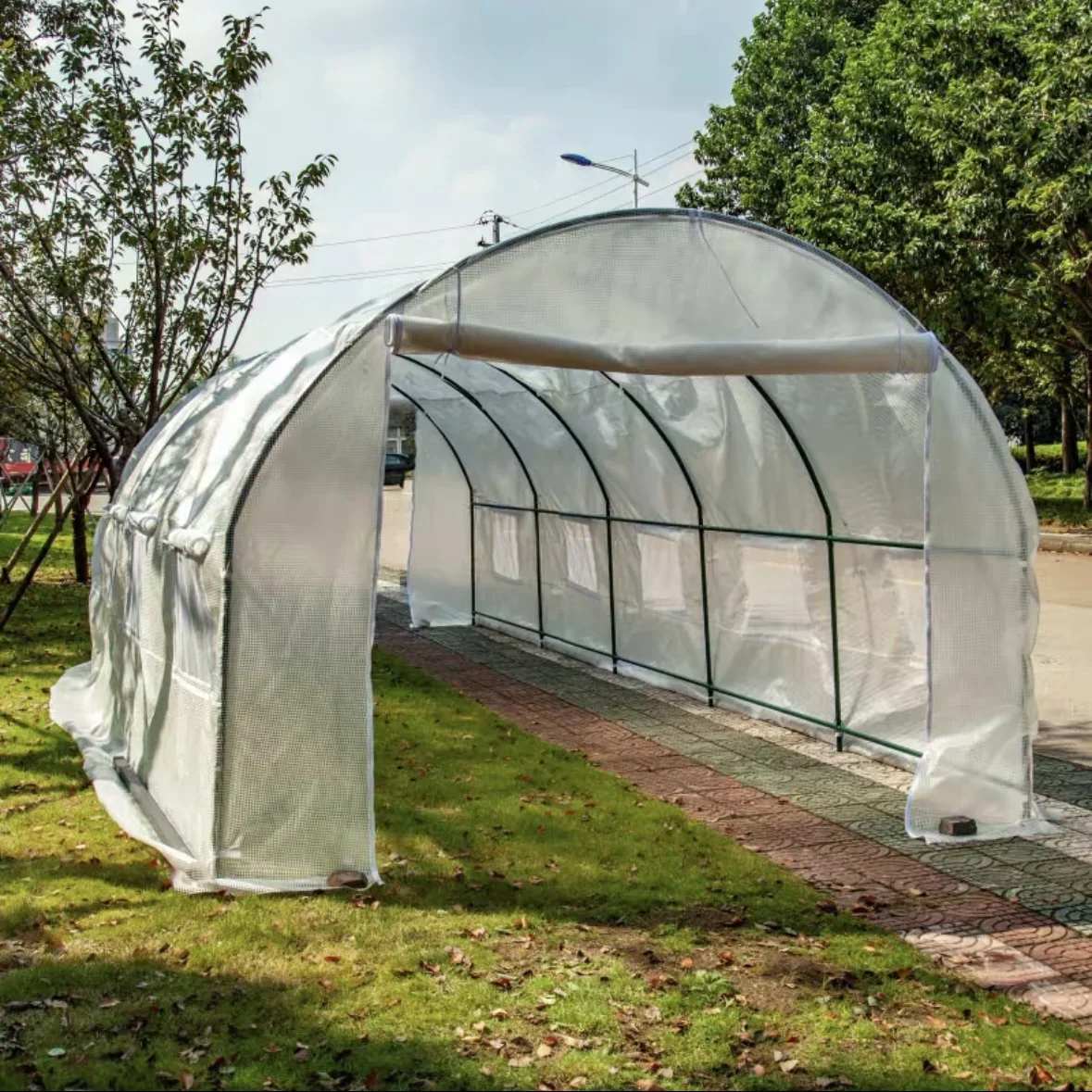 750x300x220CM Greenhouse For Garden Outdoor Tomato Flower Plant Keep Warm Cover PE Plastic Roll-up Zipper Durable Shed Iron