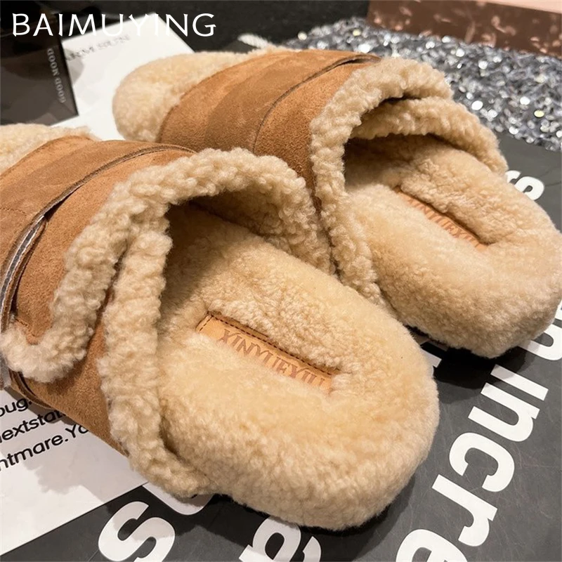 Suede Fur Women Slippers Flats Platform Cotton Shoes Autumn 2024 New Trend Casual Plush Boots Thick Woman Slingback Flip-flops