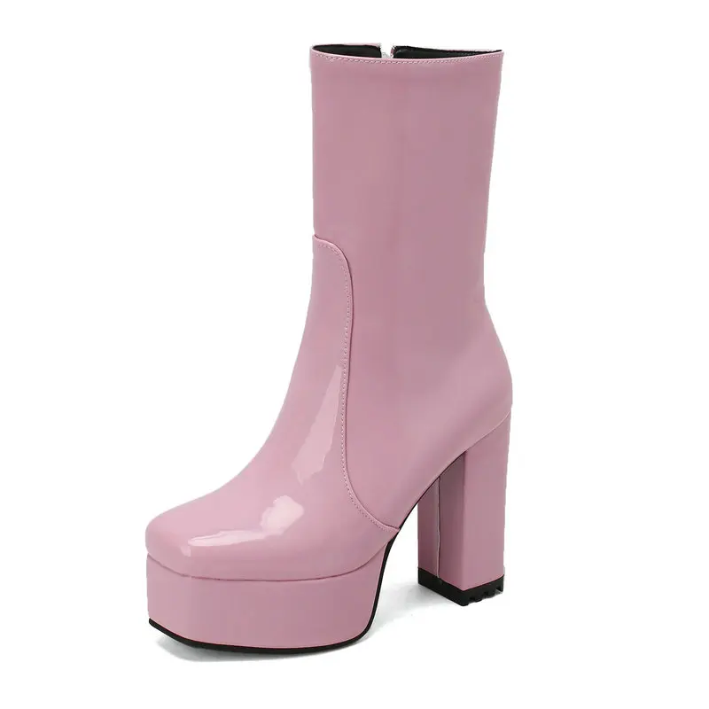 Pink Purple Blue Patent PU Leather Winter Womens Boots Square Toe Block High Heeled Shoes Zipper Platform Mid-calf Heels Boot