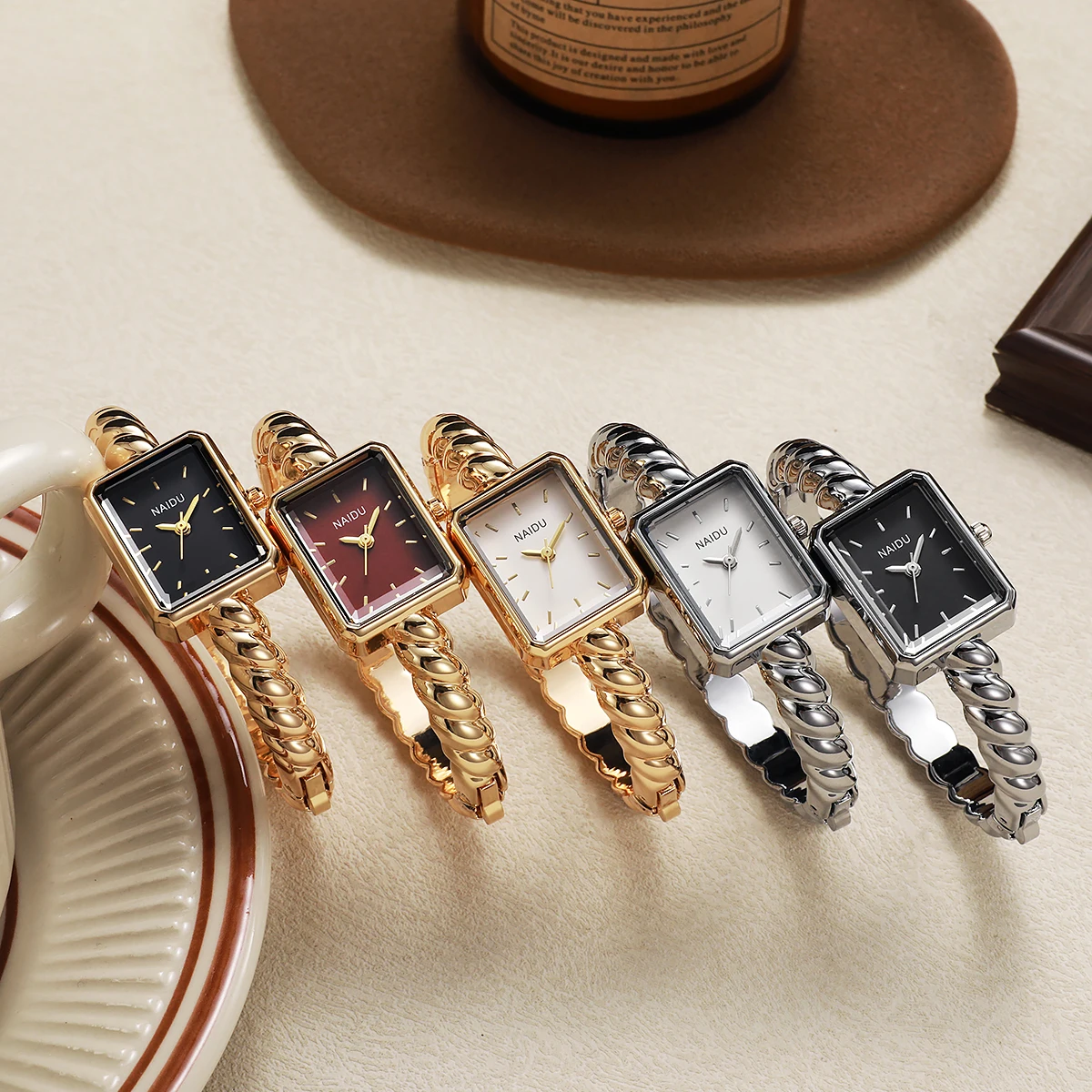 Vintage Women's Rectangular Watch Gold Silver Twisted Rope Link Bracelet Minimalist Analog Wristwatch Elegant Jewelry Gift