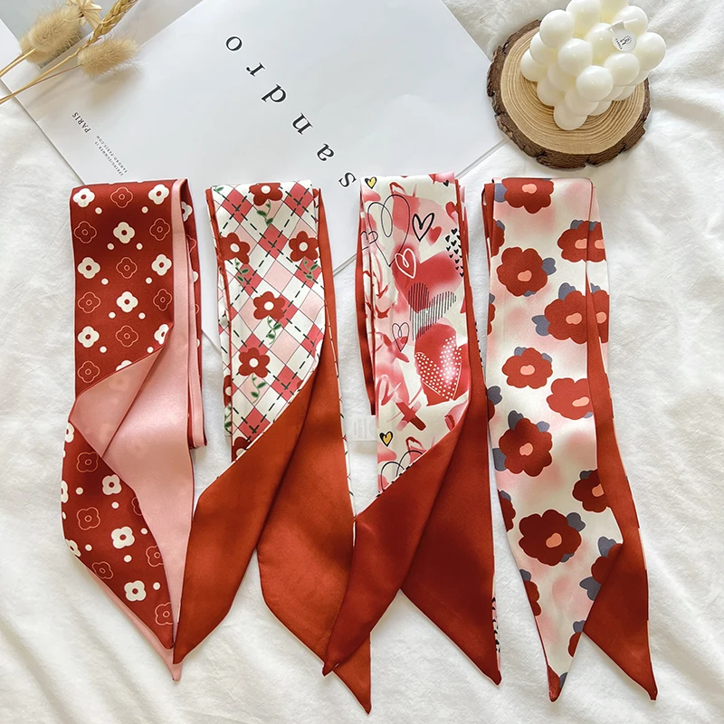 Tomato Red Floret Printed Long Hairband Skinny Neck Scarfs Women Headbands Hair Scarves Wrist Ribbon Bag Scarf For Women