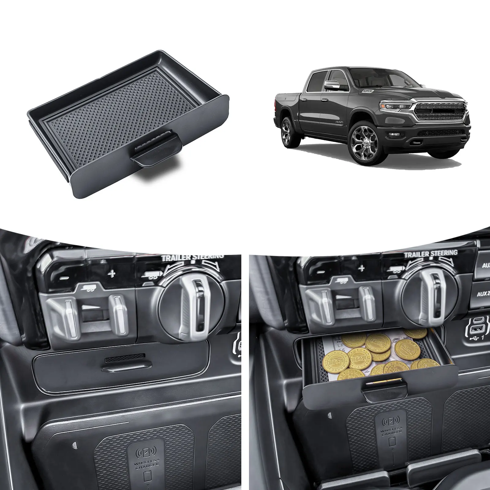 

Center Console Drawer Storage Box Tray for 2019-2026 Dodge RAM 1500 2500 3500 Cubby Insert Drawer Storage Organizer Accessories