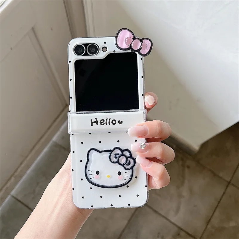 ثلاثية الأبعاد القوس لطيف الكرتون مرحبا كيتي موجة نقطة قضية الهاتف لسامسونج غالاكسي Z فليب 7 6 5 4 3 ZFlip7 FE مكافحة الإفلات غطاء مع الحبل