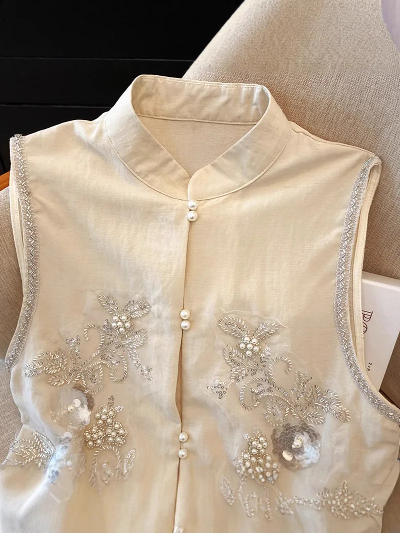 Faionable Heavyweight Hemp Cotton Embroidered Open Cardigan Vest Women's Svel Button-Up Traditional Chinese Sle Top