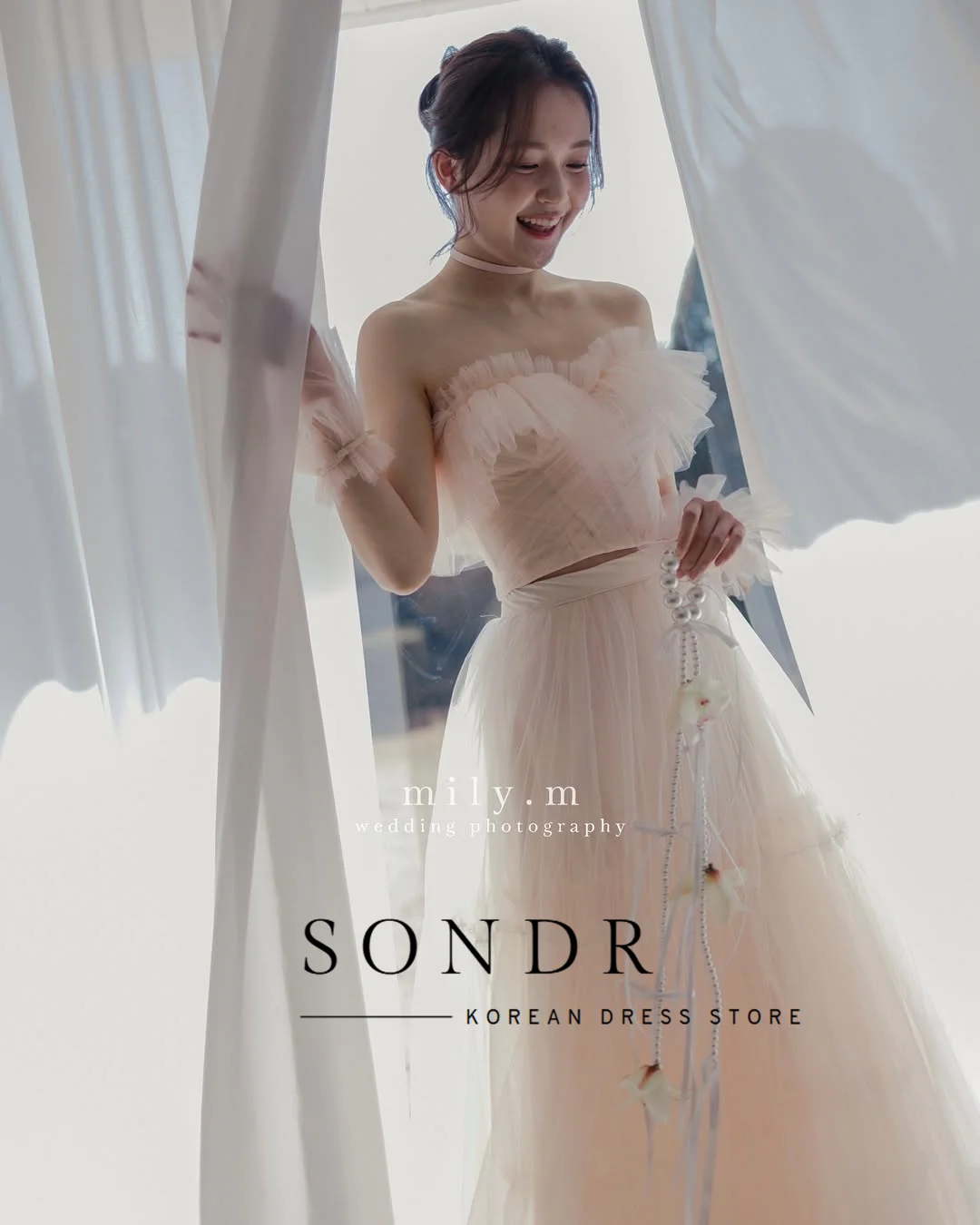 Sondr Fairy Pink Korean Wedding Dresses 2 Pieces Strapless Sweetheart Pleated Soft Tulle Evening Party Dresses Customized Gown