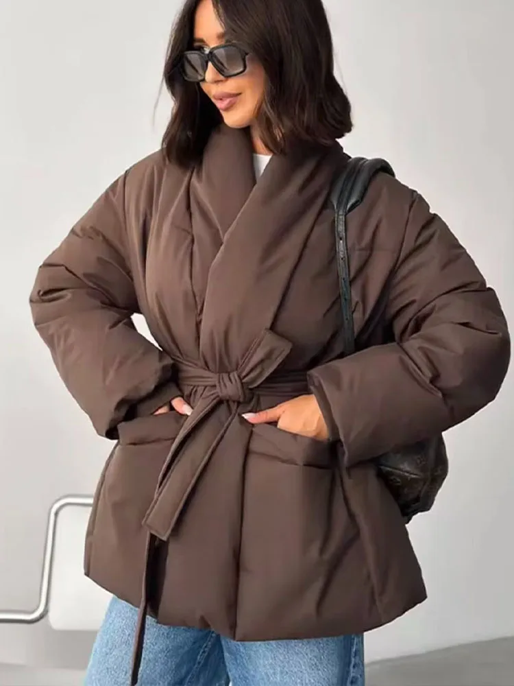 

HH женская новая модная однотонная свободная теплая хлопковая одежда женский темпераментный пояс карман украшение с длинными рукавами толстая зимняя куртка