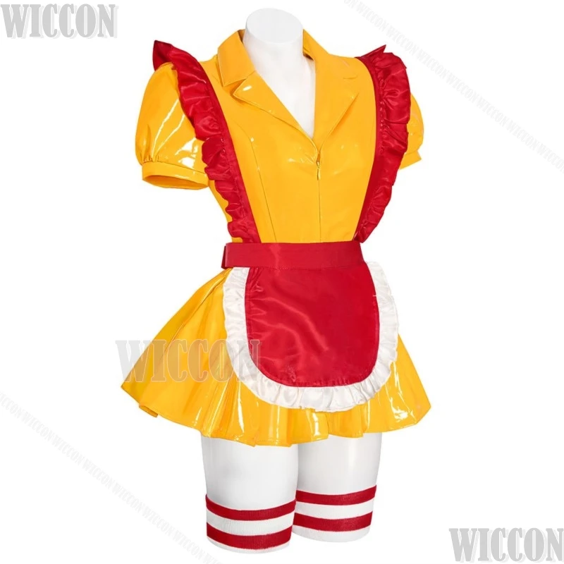 مثير ماكس فتاة نادلة البدلة تأثيري BBW مثير الأصفر لامع فستان أحمر المئزر قبعة الجوارب فتاة امرأة الملابس هالوين كوميك كون البدلة
