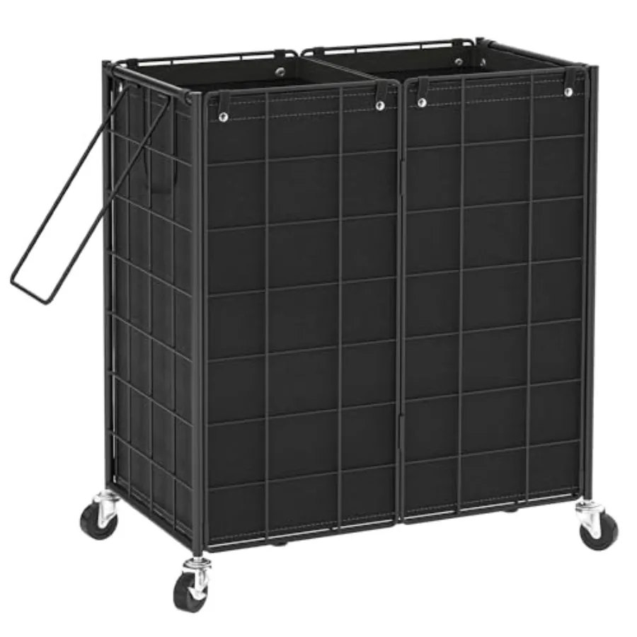 

Double Laundry Hamper with Wheels, Metal Wire Frame Rolling Laundry Basket with 2 Removable bags, Dirty Clothes Hamper Organize