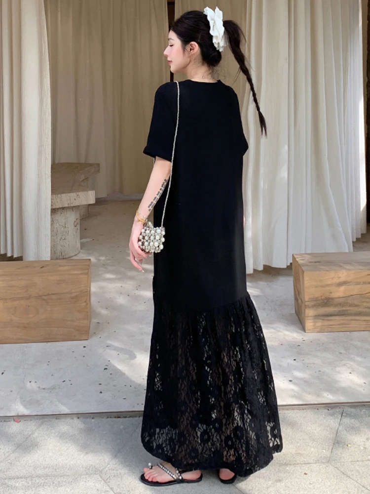 NYFS 2025 الكورية نمط المرأة فستان صيفي فضفاض حجم كبير كم قصير المرقعة هيم الدانتيل فستان طويل رداء Elbise