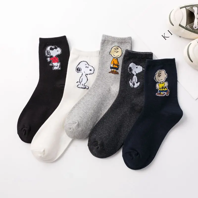 

5 Pairs Snoopy Cotton Socks Cartoon Women's Mid-calf Socks Cute Four Seasons Cotton Socks Sweat Absorbent Adult Average Size