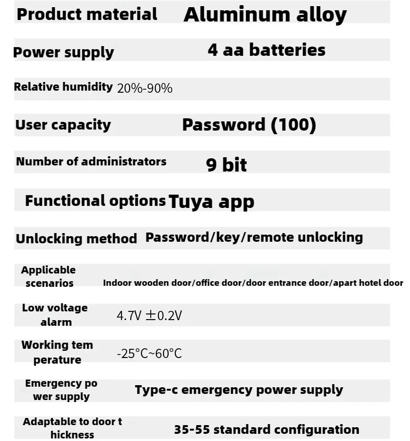 

Умный замок с функцией распознавания отпечатков пальцев, паролем/ключом, полностью автоматический, американского типа, подходит для дверей толщиной 33-333 мм.