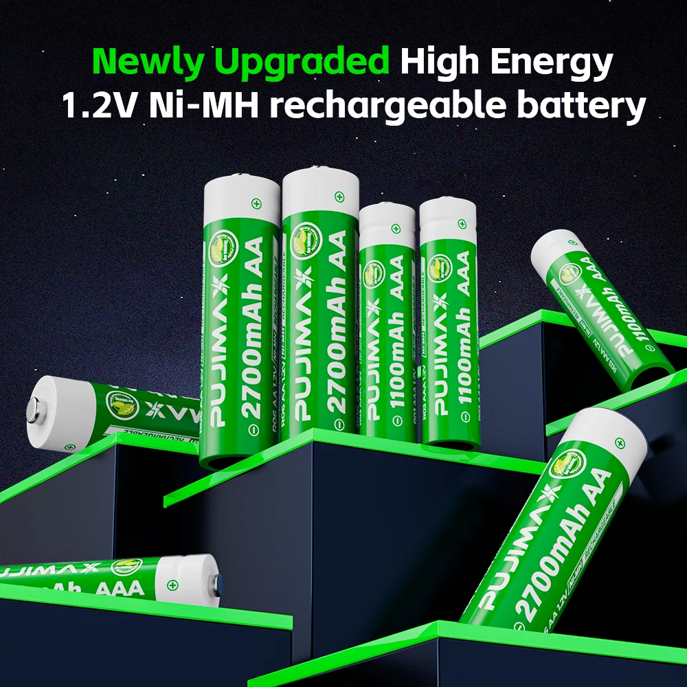 PUJIMAX 1,2V NI-MH Wiederaufladbare Batterien AA 2700mAh AAA 1100mAh für Computer, Radiowecker, Videospiele, Digitalkameras AA