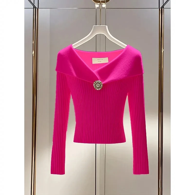 New Lapel Sweater In Autumn And Winter 2024 Luxury High Temperament Waist Bottoming Knitted Fashion Long-Sleeved Ladies Top