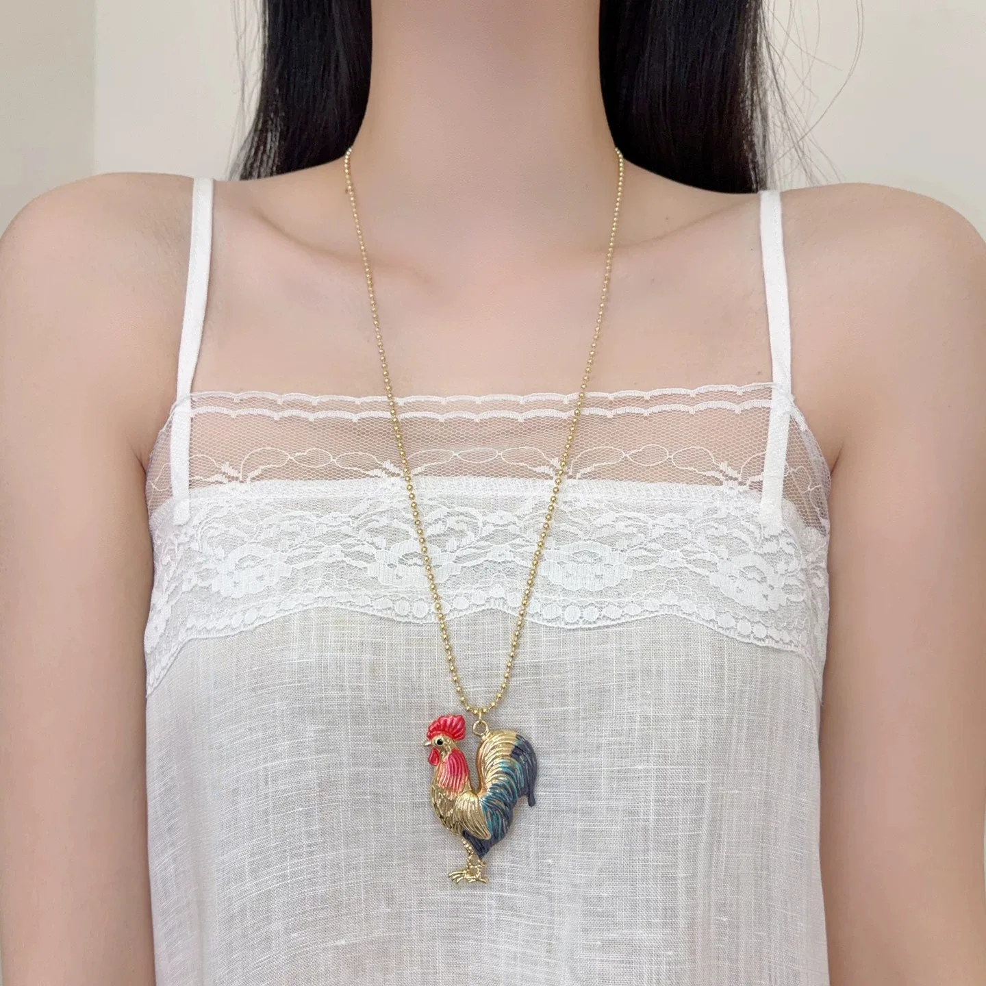 Vintage Colorful Enamel Rooster Jewelry Set Gold Plated Cock Pendant Necklace Ring Set Retro Animal Statement Accessories for Wo