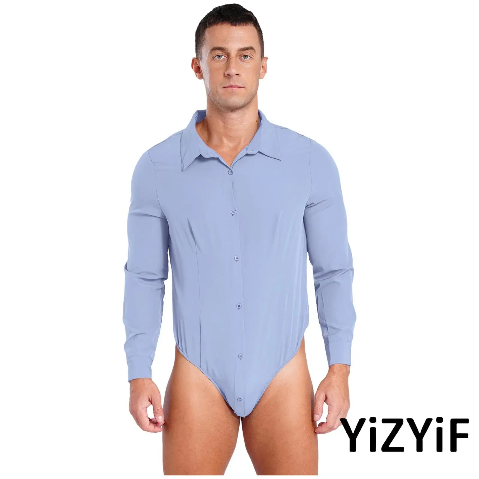 

Gay Adult Mens Turn-down Collar Long Sleeve Button Down Crotch Sissy Bodysuit Solid Color Erotic One-Piece Jumpsuit Dance Shirt